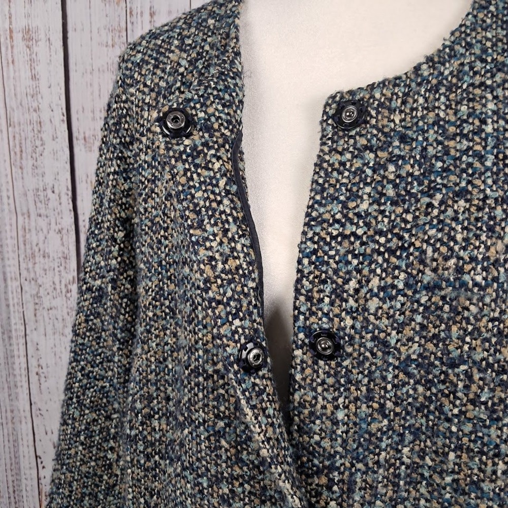 TALBOTS 16 Italian Boucle‎ Tweed Collarless Swing Coat Blue Grey Multi Pockets - Picture 6 of 7